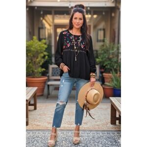 JODIFL Black Floral Embroidered Babydoll Blouse Long Sleeve Boho Top Medium
